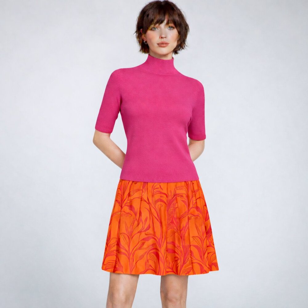 InCashmere 100% Cashmere Mock Neck Short Sleeve Sweater Hot Pink Size S - New